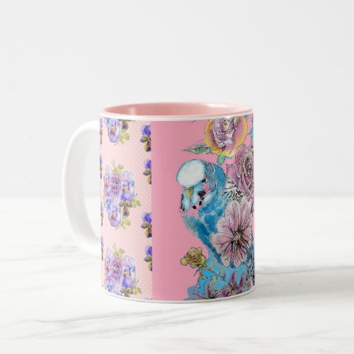 Hand Painted Pink Blue Budgie floral Mug