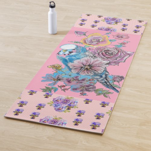 Hand Painted Pink Blue Budgie floral Yoga Mat