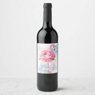 Hand painted pink flamingo wine label