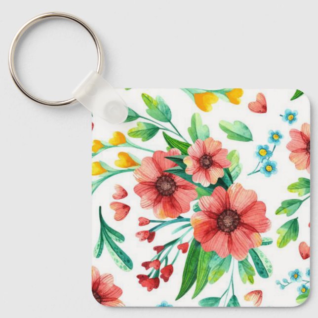 Hand Painted Pink Flowers Floral Pattern-23498 Keychain (Front)