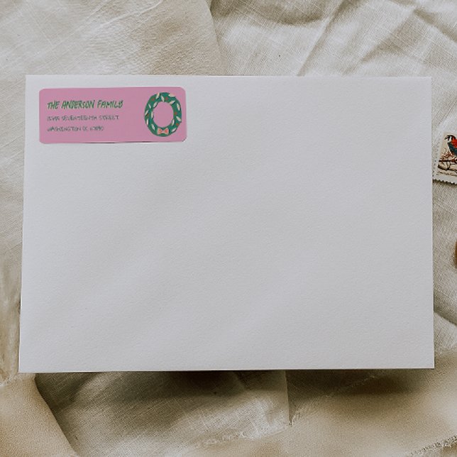 Hand Painted Pink Green Christmas Wreath Address Label (Creator Uploaded)