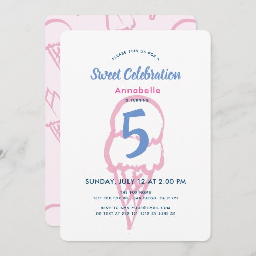 Hand Painted Pink Ice Cream Girl Birthday Invitation