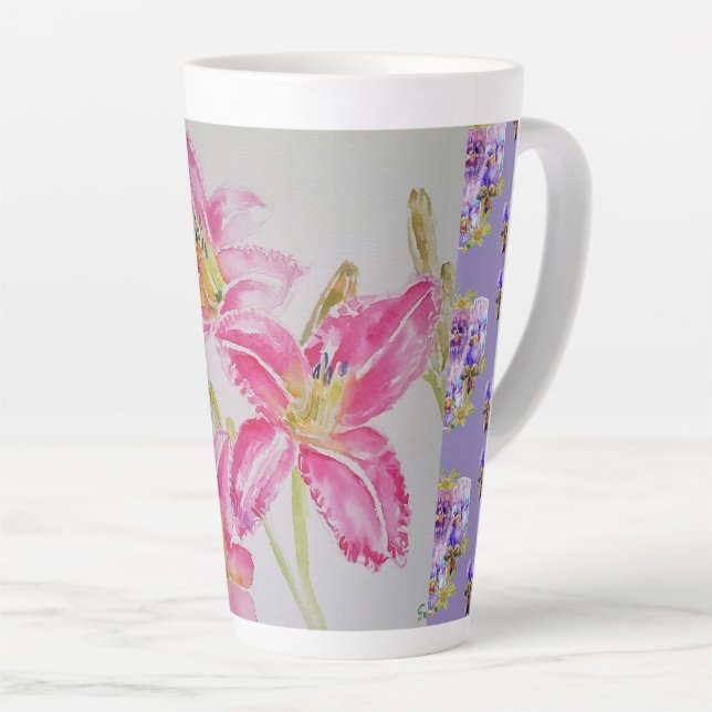 Hand Painted Pink Lily Lillies floral Latte Mug (Right Angle)