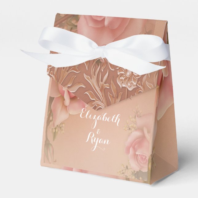 Hand Painted Pink Roses Gold Filigree Favor Boxes (Front Side)