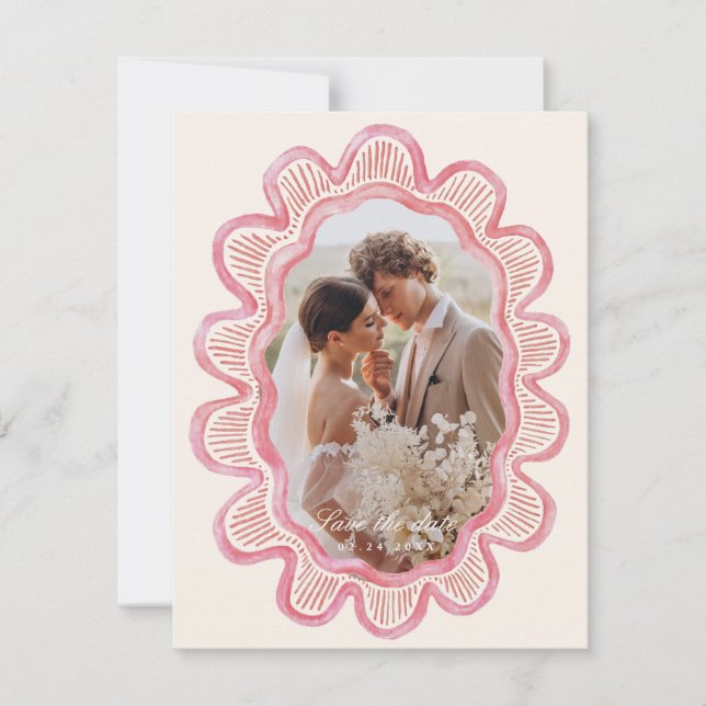 Hand-painted pink scalloped oval photo frame  (Front)