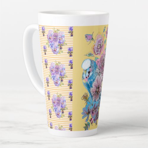 Hand Painted Pink Yellow Budgie floral Latte Mug