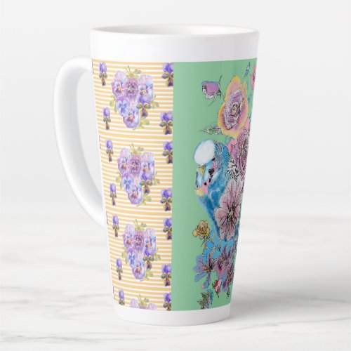 Hand Painted Pink Yellow Budgie floral Latte Mug