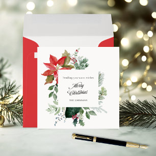 Hand Painted Poinsettia Botanical Merry Christmas Holiday Card
