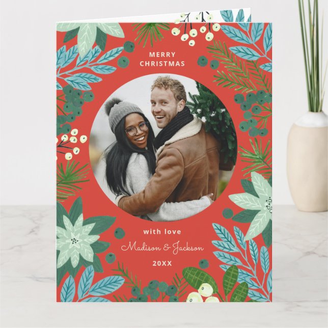 Hand Painted Poinsettia Christmas Photo Holiday Card (Front)