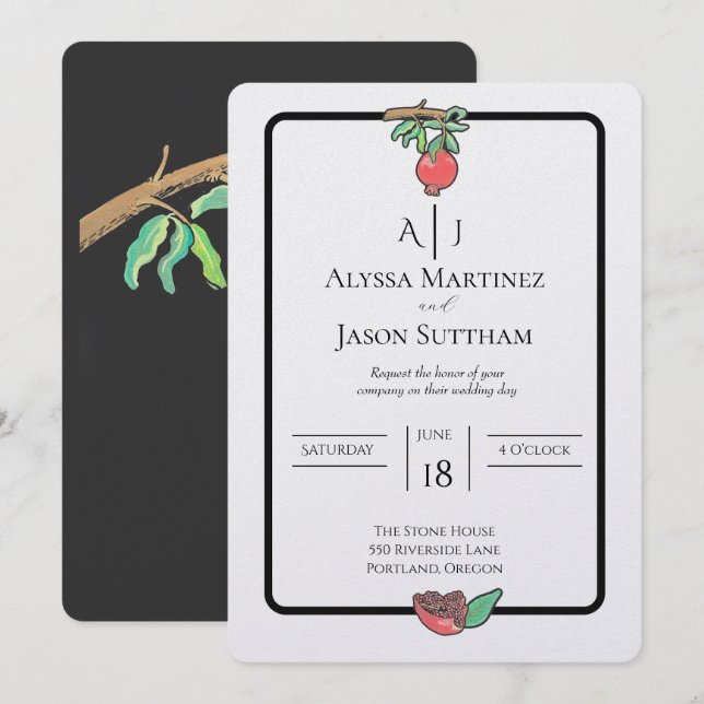 Hand-Painted Pomegranate Wedding Invitations (Front/Back)