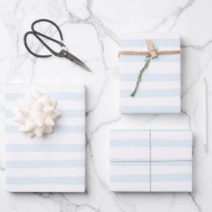 Hand Painted Preppy Light Blue Stripes Pattern Wrapping Paper Sheets