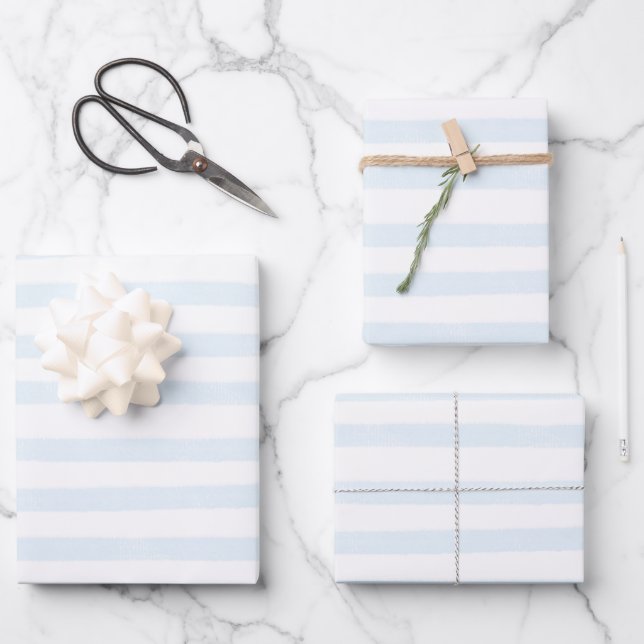 Hand Painted Preppy Light Blue Stripes Pattern Wrapping Paper Sheets (Front)