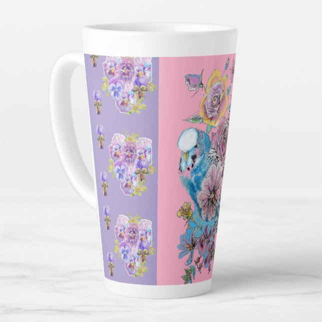 Hand Painted Purple Blue Budgie floral Latte Mug (Left Angle)