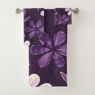 Hand painted purple flowers bath towel set