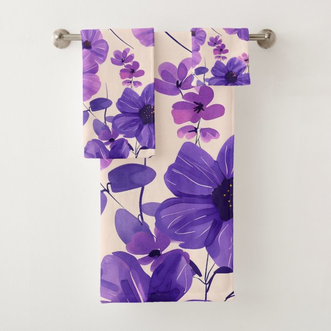 Hand painted purple flowers bath towel set (Insitu)
