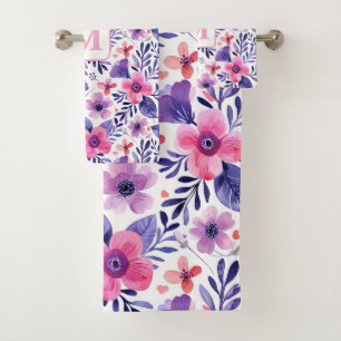 Hand painted purple flowers personalized monogram bath towel set