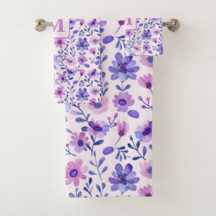 Hand painted purple flowers personalized monogram bath towel set