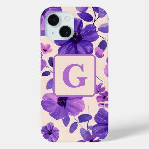 Hand painted purple flowers personalized monogram iPhone 15 case
