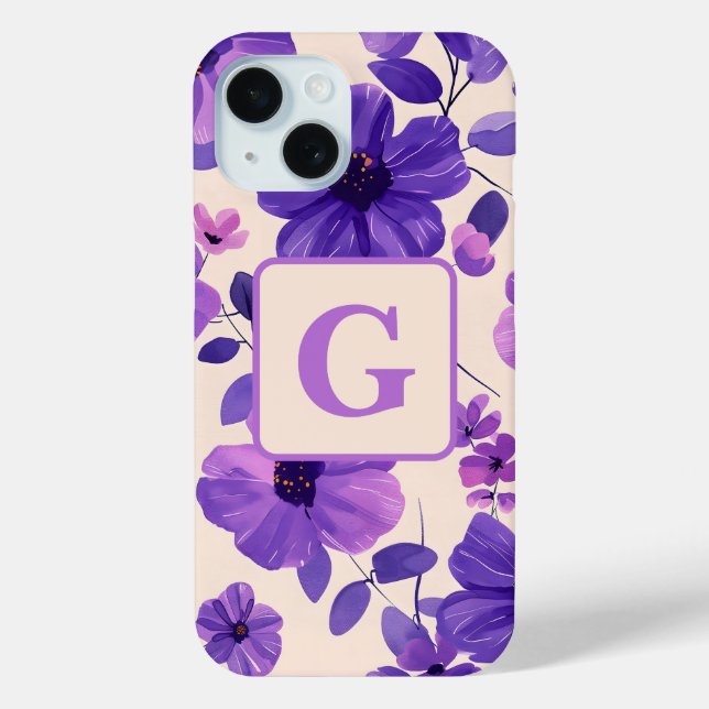 Hand painted purple flowers personalized monogram  Case-Mate iPhone case (Back)