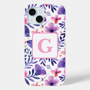 Hand painted purple flowers personalized monogram iPhone 15 case
