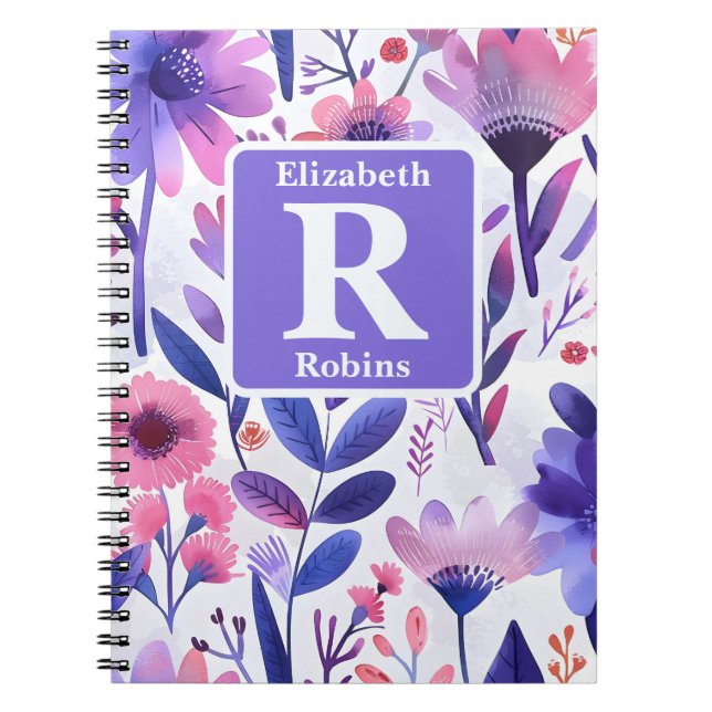 Hand painted purple flowers personalized monogram  notebook (Front)