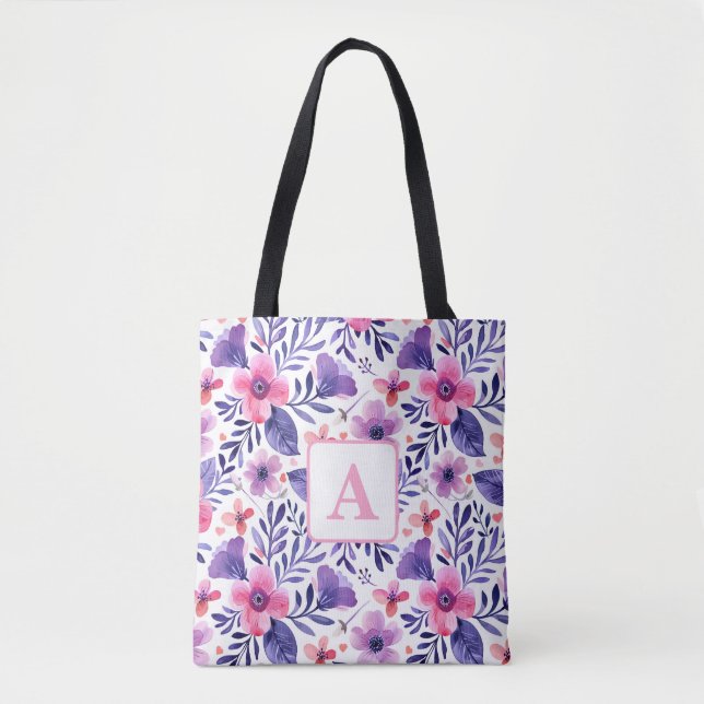 Hand painted purple flowers personalized monogram  tote bag (Front)