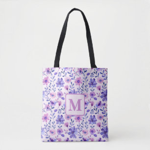 Hand painted purple flowers personalized monogram tote bag