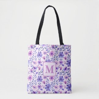 Hand painted purple flowers personalized monogram tote bag