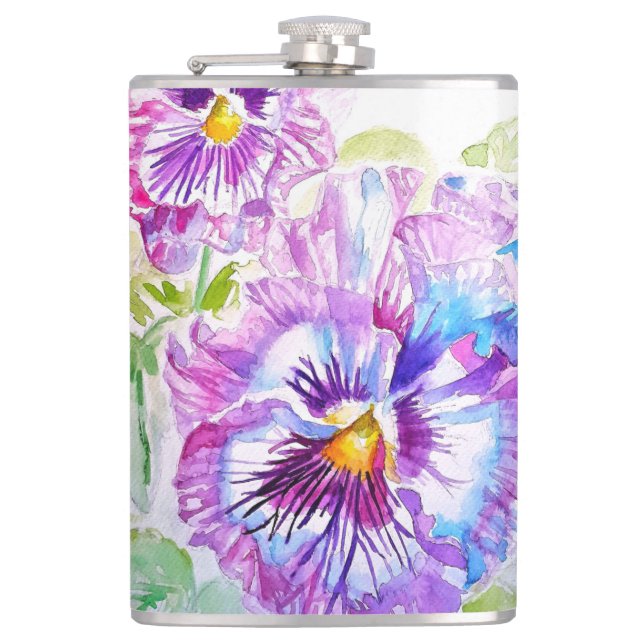 Hand Painted Purple Pansy Pansies floral Flask (Front)