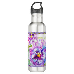 Hand Painted Purple Pansy Pansies floral Stainless Steel Water Bottle