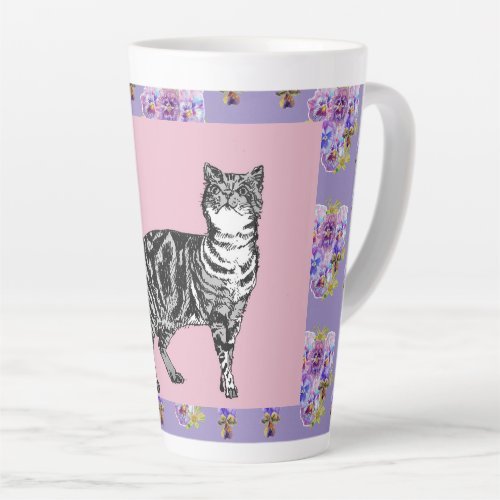 Hand Painted Purple Tabby Cat floral Latte Mug
