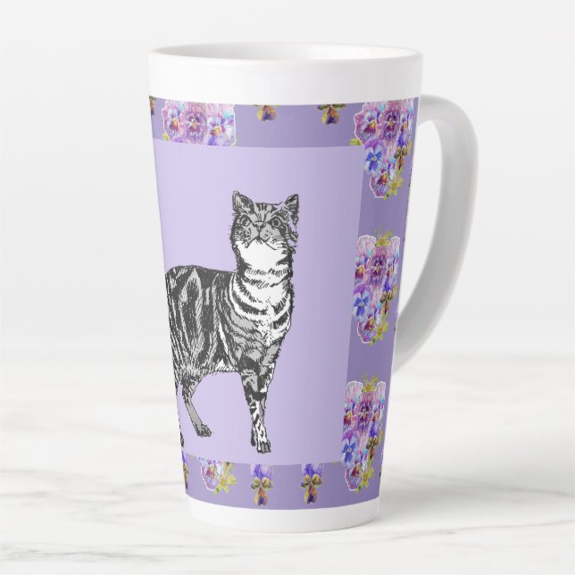 Hand Painted Purple Tabby Cat floral Latte Mug (Right Angle)