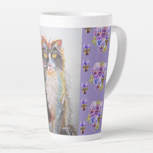 Hand Painted Purple Tuxedo Cat floral Latte Mug