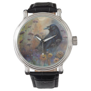 Hand Painted Raven Acrylic and Pastel Art Watch