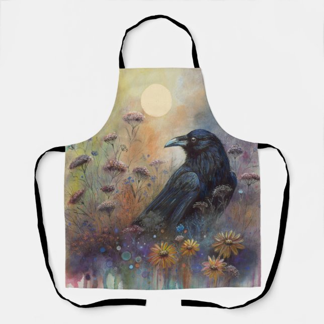 Hand Painted - Raven Among Wildflowers Apron (Front)