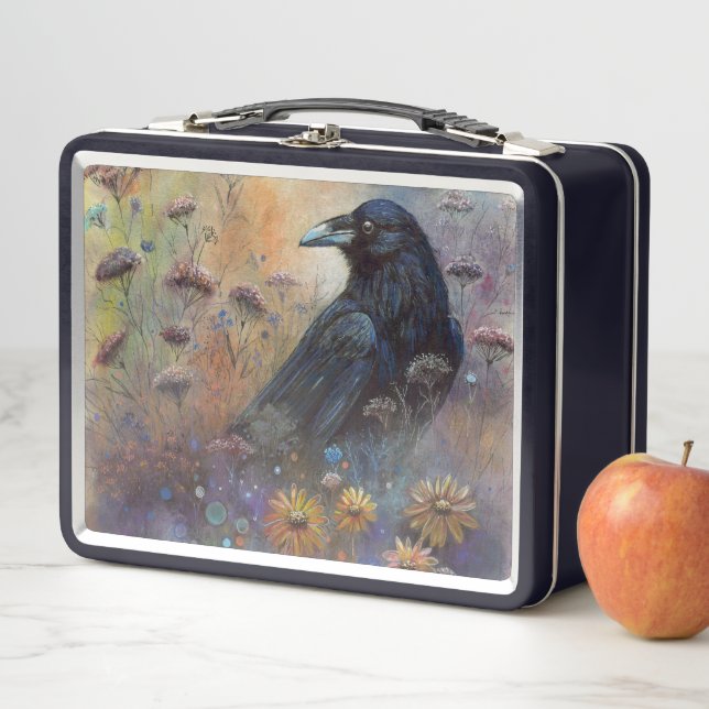Hand Painted - Raven and Flowers Metal Lunch Box (In Situ)