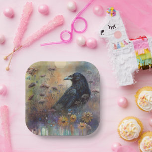 Hand Painted Raven Blooming Night Garden Paper Plates