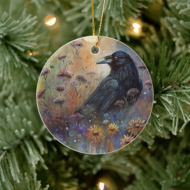 Hand Painted Raven Enchanted Raven Artwork Ceramic Ornament (Tree)