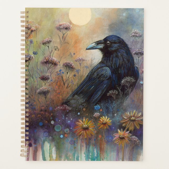 Hand Painted Raven Gothic Bird with Wildflowers Planner (Front)
