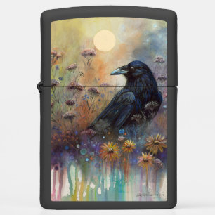 Hand Painted Raven Gothic Raven with Wildflowers Zippo Lighter