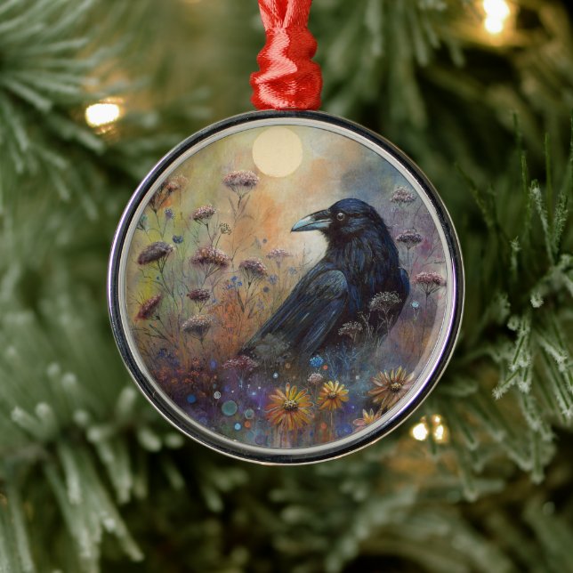 Hand Painted - Raven Illustration Metal Ornament (Tree)