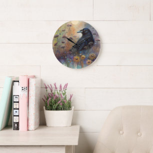 Hand Painted Raven Mystic Bird in Floral Light Large Clock