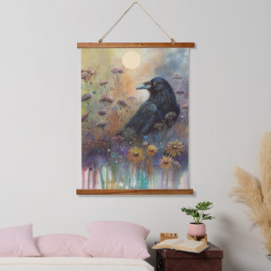 Hand Painted Raven Poetic Bird of the Night Hanging Tapestry