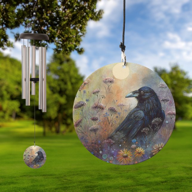 Hand Painted - Raven Scene Wildflower Wind Chime (Outdoor)