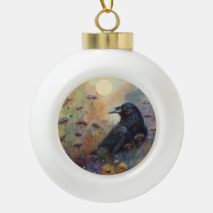 Hand Painted Raven with Beautiful Wildflowers Ceramic Ball Christmas Ornament