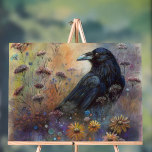 Hand Painted Raven with Wildflowers Acrylic Sign