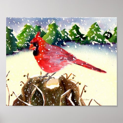 Hand Painted Realism Watercolor Cardinal in Snow P Poster