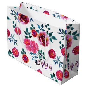 Hand-painted red and pink roses pattern large gift bag