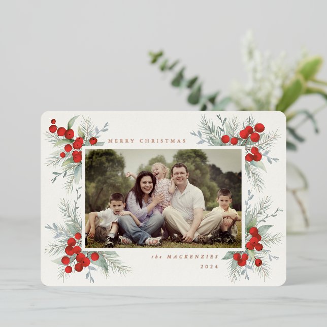 Hand Painted Red Berries Christmas Photo Foil Holiday Card (Standing Front)
