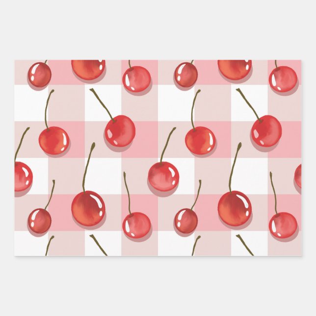Hand-Painted Red Cherries Seamless Pattern Wrapping Paper Sheets (Front)